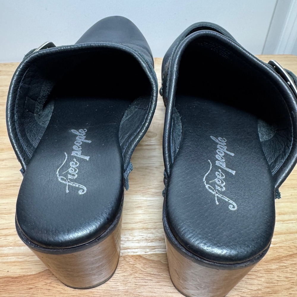 Free People Black Leather Studded Buckle Wood Platform Clogs Made in Spain 38 - Picture 14 of 16